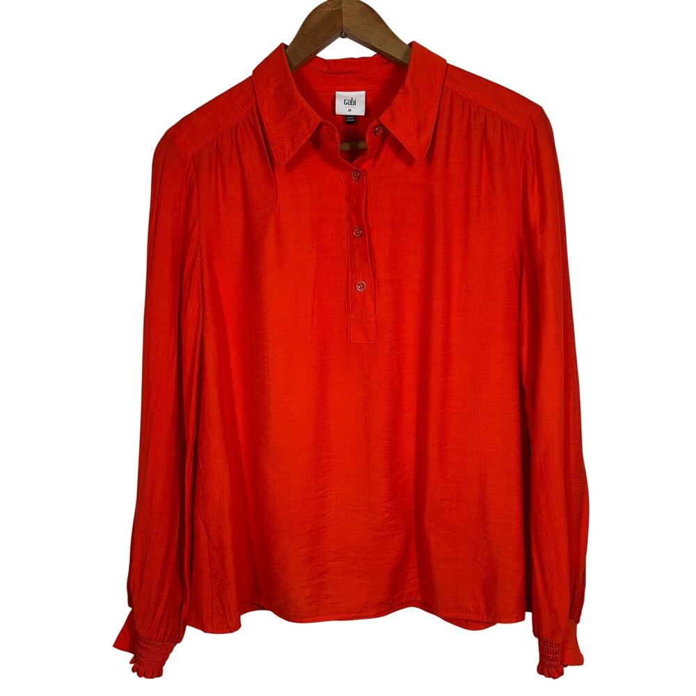CAbi Red Long Sleeve Button Front Blouse Smocked Cuffs Size Medium‎